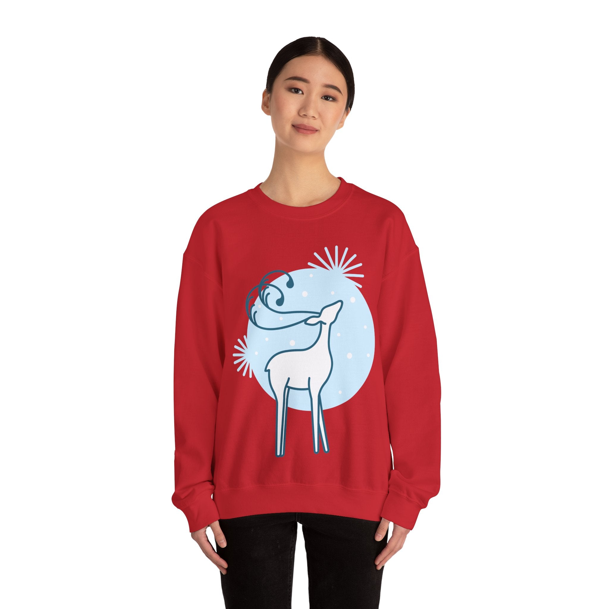 Reindeer Winter Crewneck Sweatshirt — Minimal Blue Holiday Deer Design