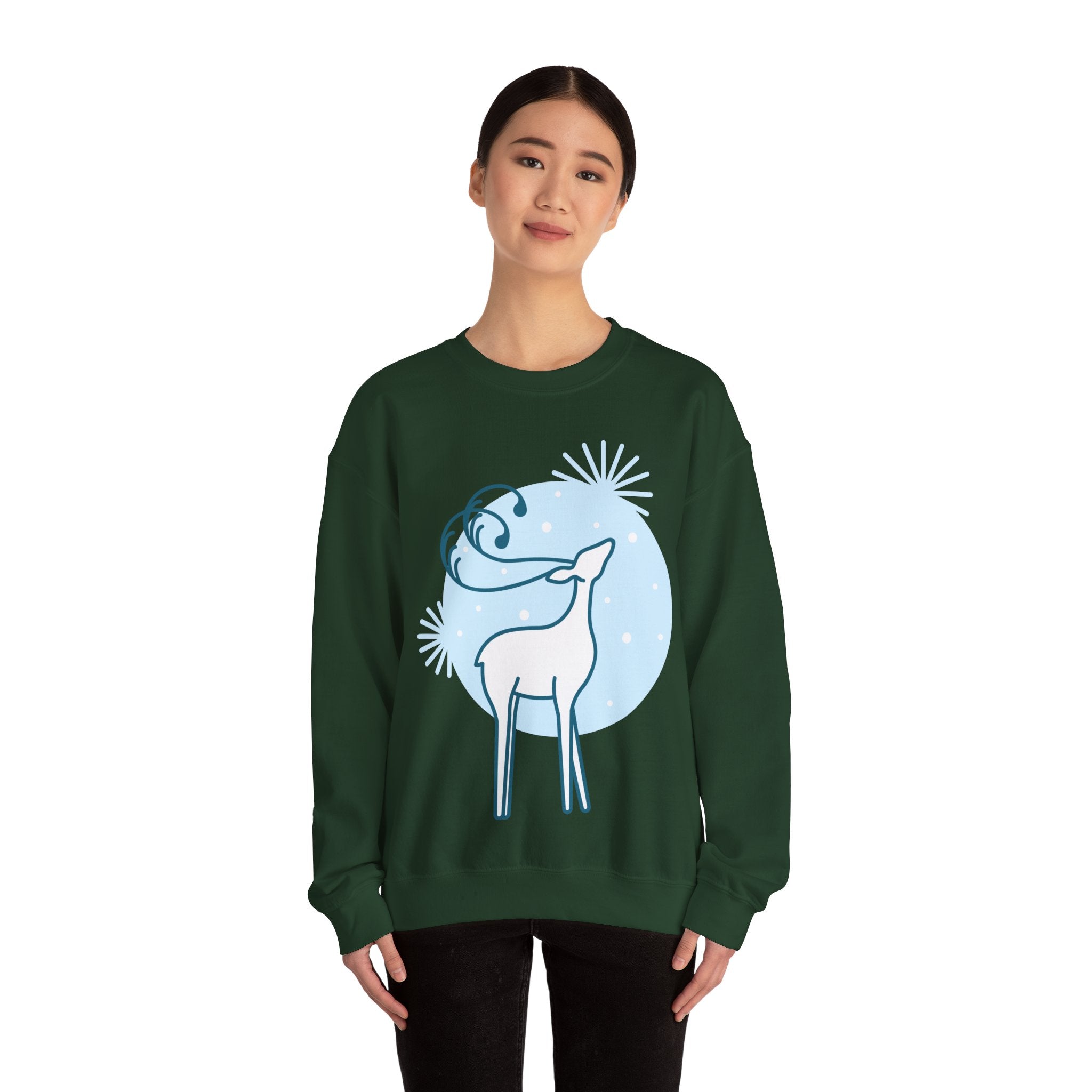 Reindeer Winter Crewneck Sweatshirt — Minimal Blue Holiday Deer Design