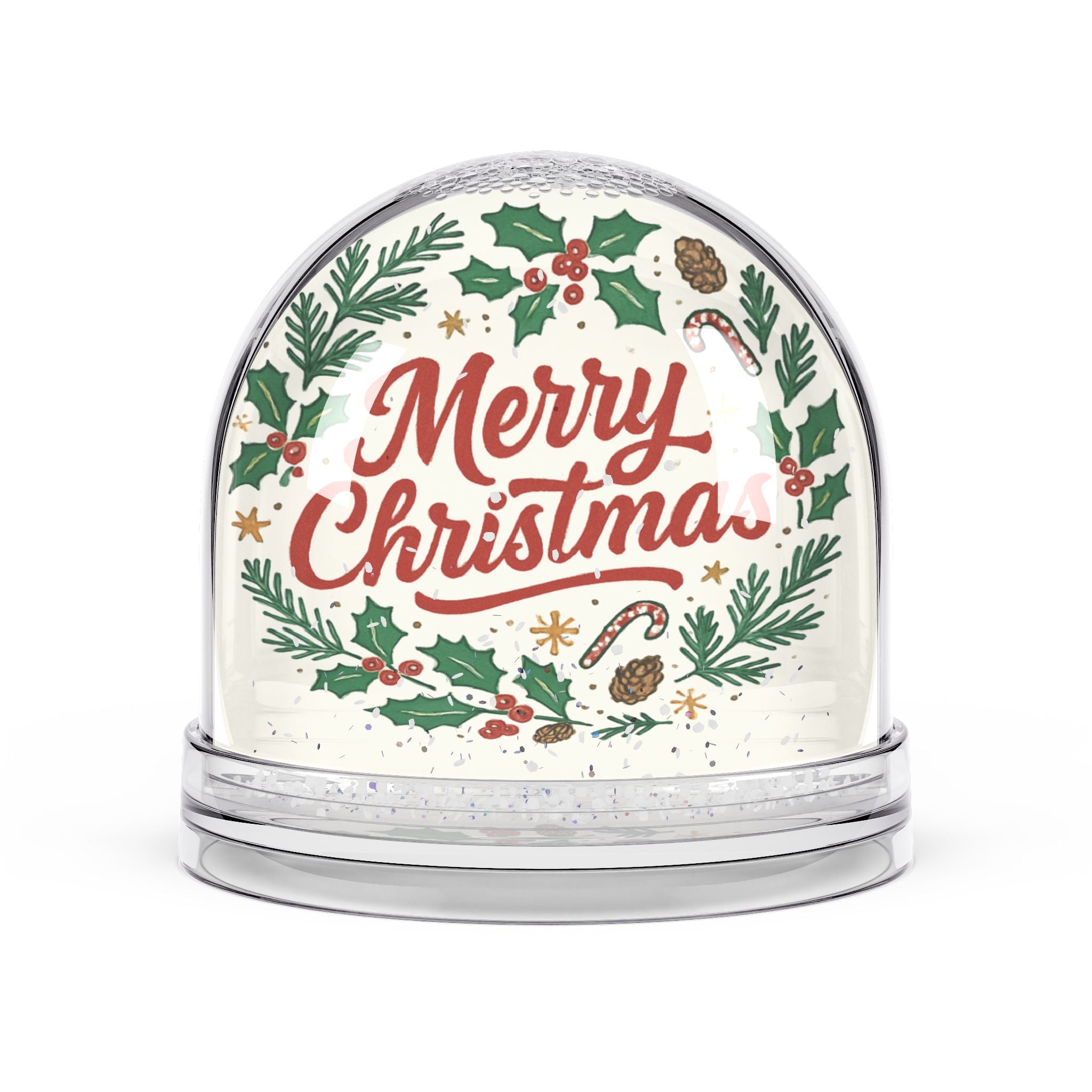 Merry Christmas Snow Globe – Holiday Pine & Holly Decorative Keepsake
