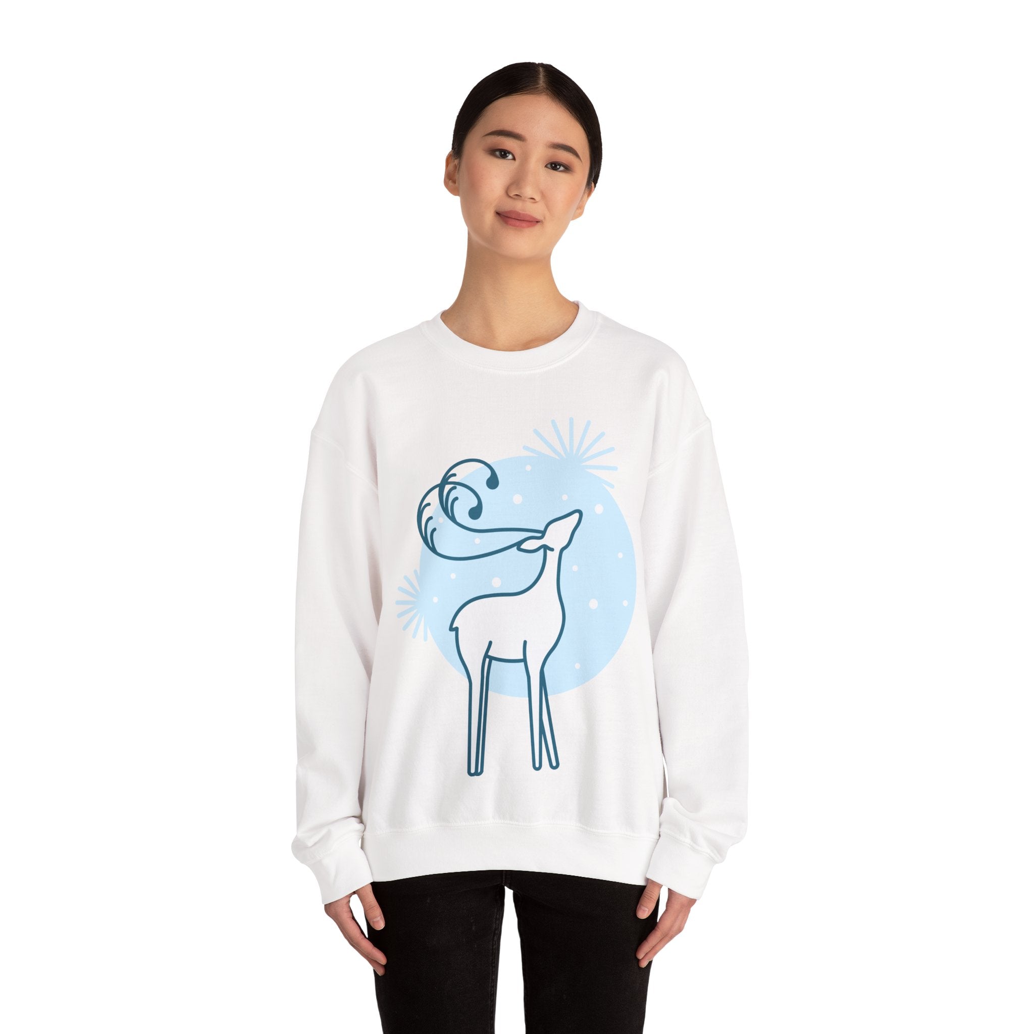 Reindeer Winter Crewneck Sweatshirt — Minimal Blue Holiday Deer Design